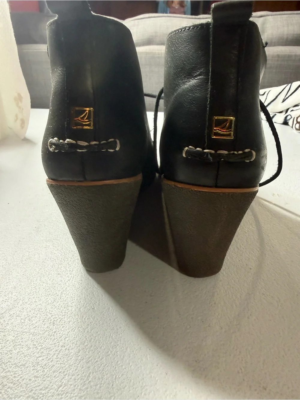 Sperry Top-Sider Black Leather Wedge Ankle Boots Lace Up Chukka Women’s Sz 9
